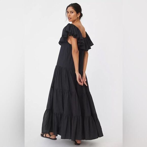 NWT ANTHROPOLOGIE ERIKA PEÑA Sz XS/S ORCHID RUFFLED MAXI BLACK - Picture 1 of 2